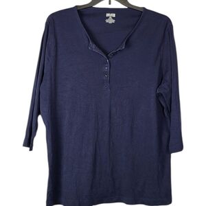 Duluth Trading Co Womens Blue Henley Shirt 3/4 Sleeve 2XL Casual Cotton Top